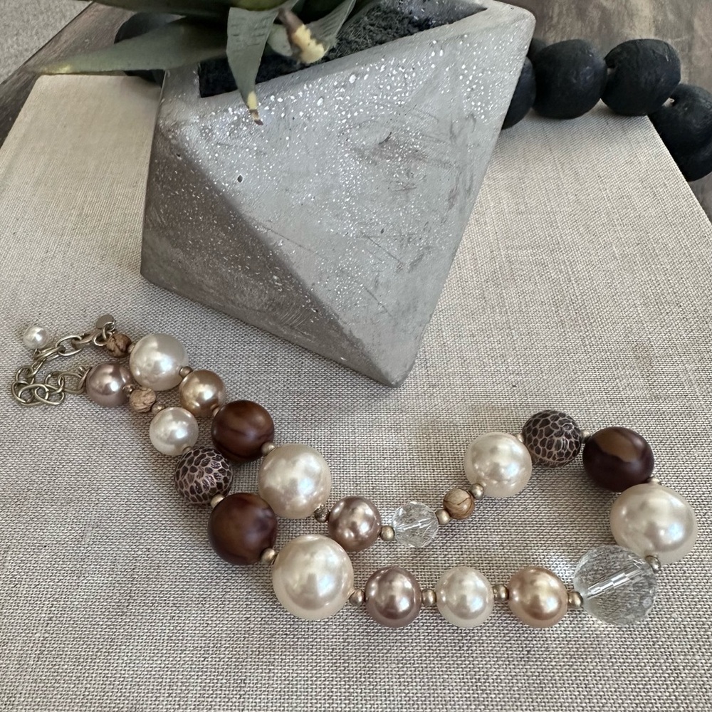 COOKIE LEE | Wood Gold Pearl Bead Necklace Signed